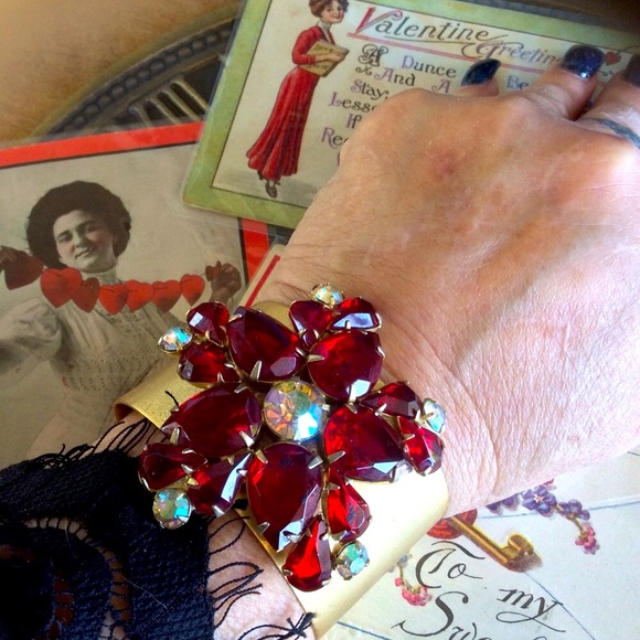Gorgeous Red Jewel UpCycled Holiday Artisan Crystal Brass Cuff Bracelet - Picture 2 of 8